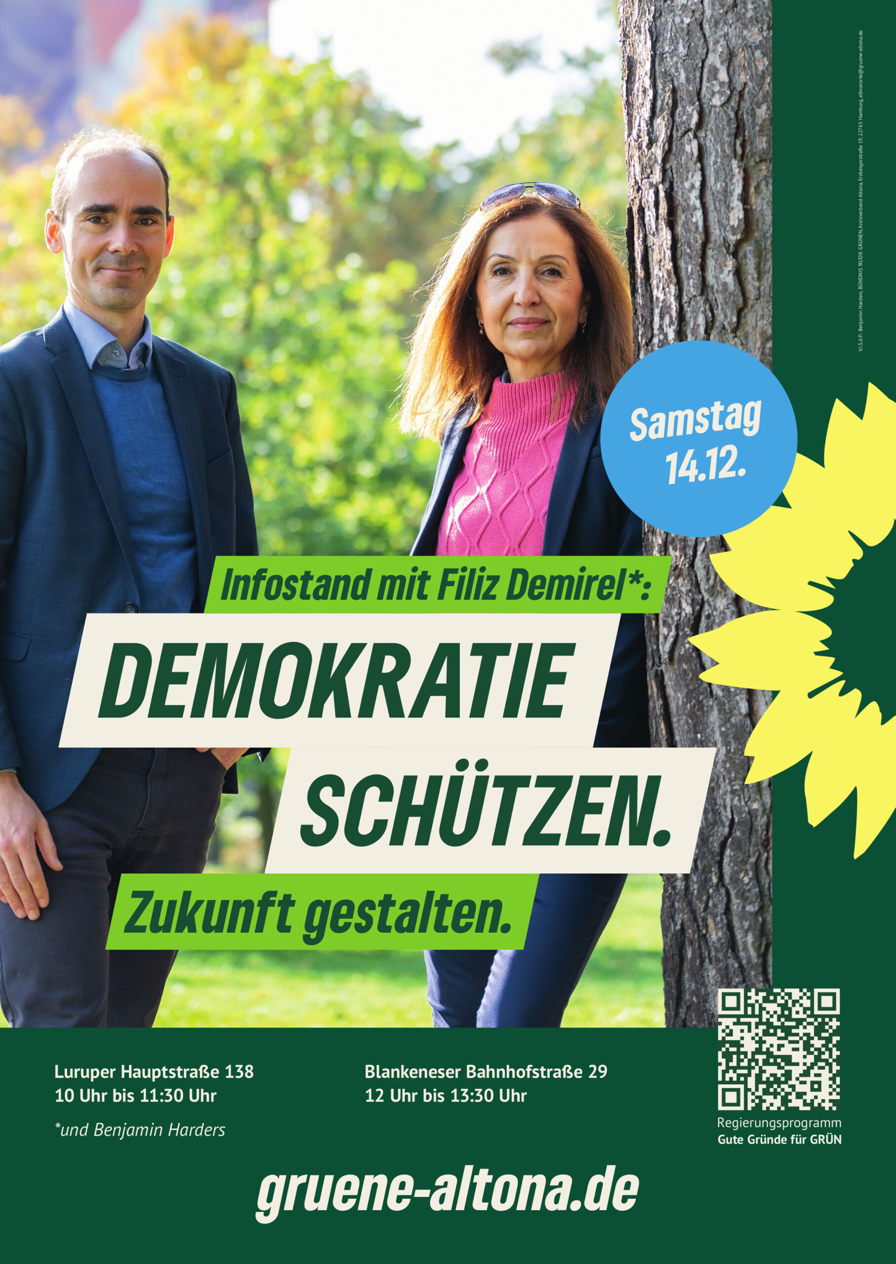 Plakat zu "Demokratie schützen. Zukunft gestalten" mit Filiz Demirel und Benjamin Harders.