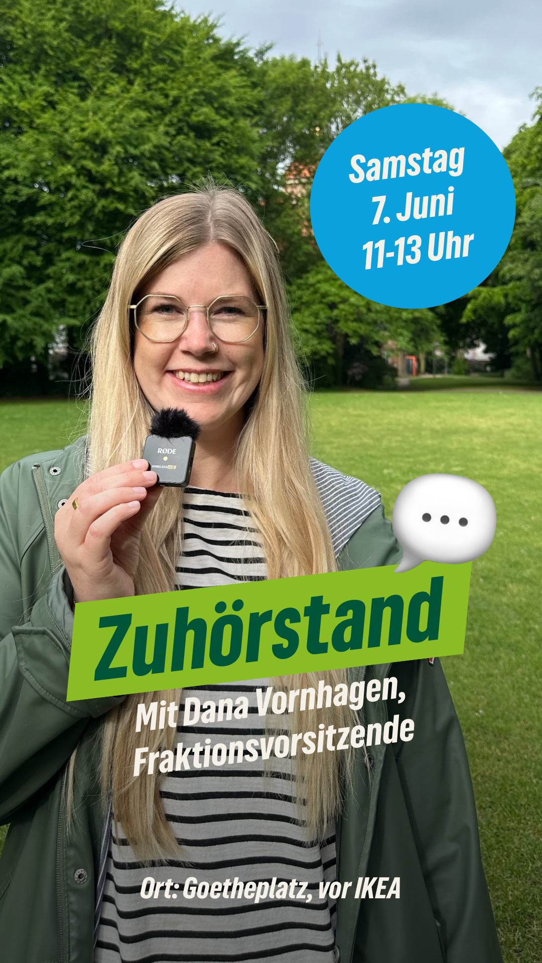 Veranstaltungshinweis: Zuhörstand mit Dana Vornhagen am 7. Juni von 11 bis 13 Uhr auf dem Goetheplatz vor IKEA.