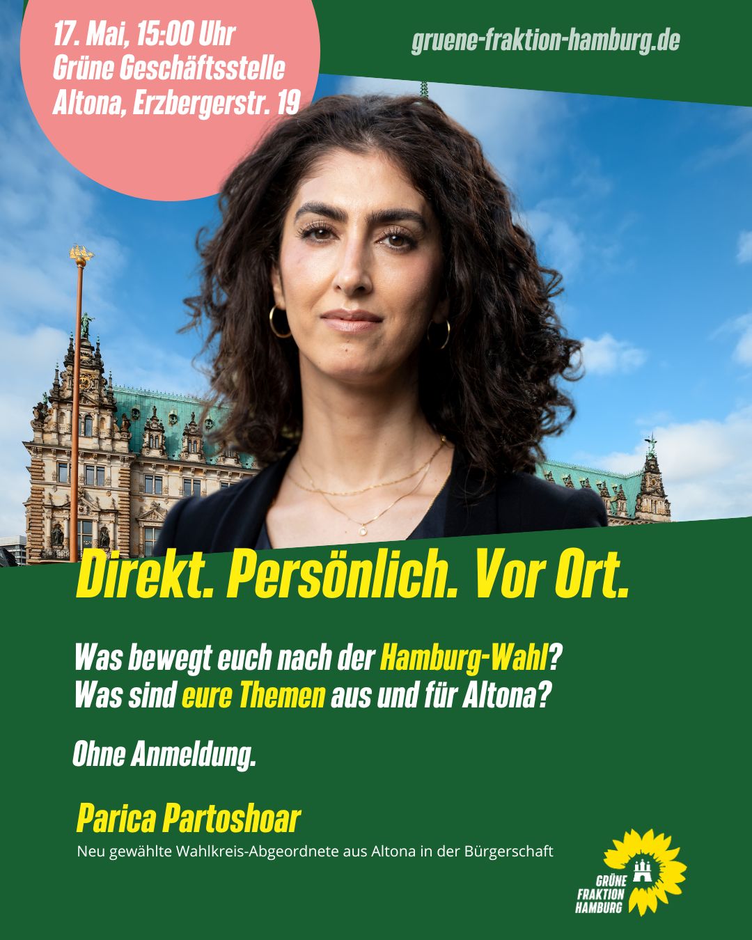 Veranstaltungshinweis: Direkt.Persönlich.Vor Ort. mit Parica Partoshoar am 17. Mai um 15 Uhr in der Kreisgeschäftsstelle in der Erzberstraße 19